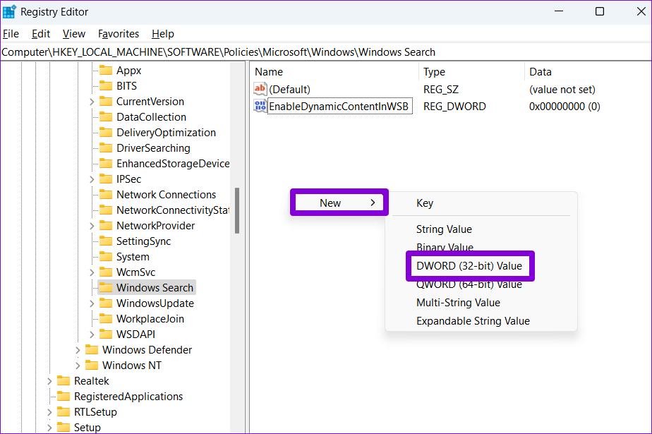Create-New-DWORD-in-Registry أفضل 3 طرق لتعطيل أو تمكين ميزات البحث في Windows 10 و Windows 11