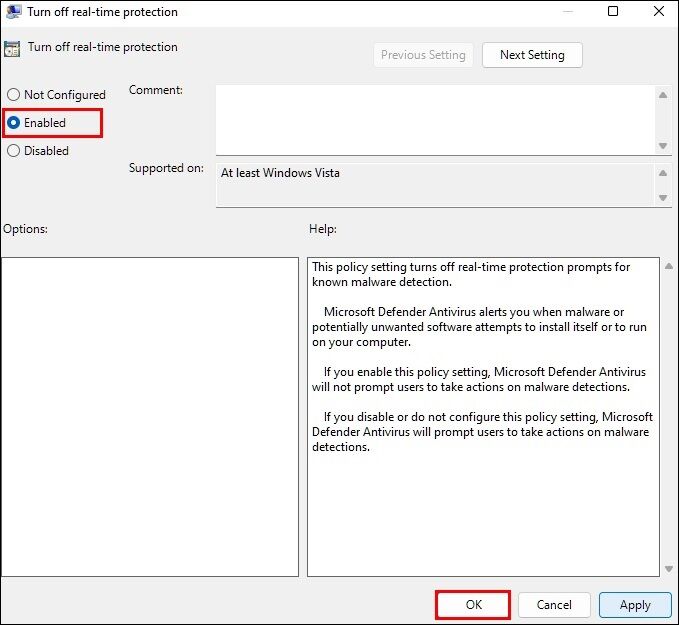 Enabled-Apply-OK-679x625 كيفية تعطيل برنامج Windows Defender في Windows 11