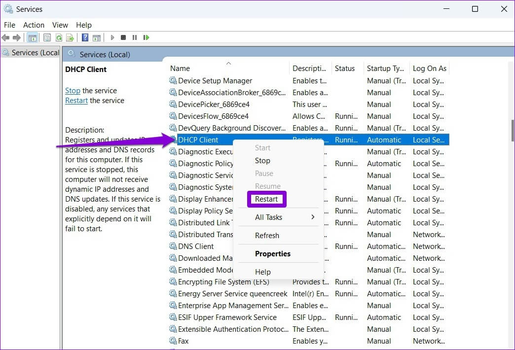 Restart-DHCP-Client-Windows-1044x710 أفضل 6 طرق لإصلاح عدم استجابة خادم DNS على Windows 11