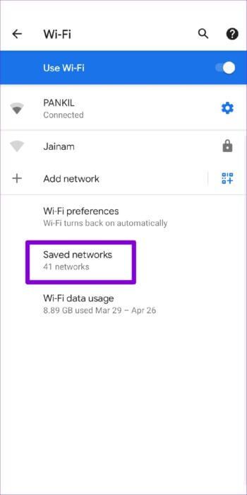 Saved-Wi-Fi-Networks-on-Android-512x1024-1-350x700 كيفية إظهار و عرض ومشاركة كلمات مرور Wi-Fi على Android