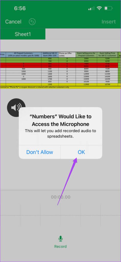 allow-mic-access-record-audio-numbers-app-iphone-474x1024-1-474x1024 كيفية إضافة ملف صوتي في تطبيق Apple Numbers