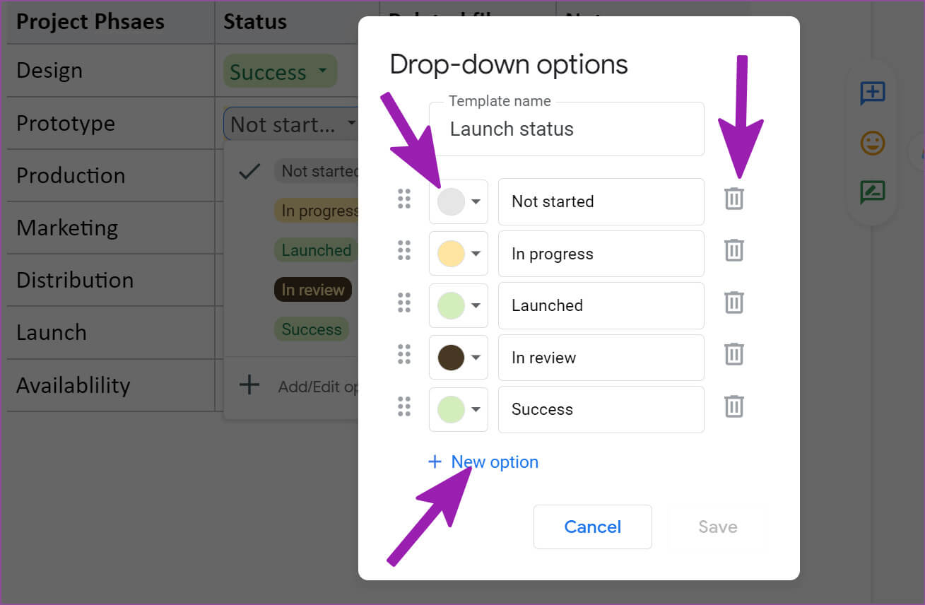 customize-drop-down-options-1309x856 كيفية إنشاء وإدارة المشاريع في محرر مستندات Google