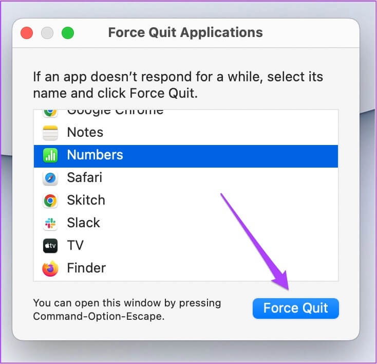 force-quit-numbers-app-mac-734x708 أفضل 6 طرق لإصلاح عدم فتح تطبيق Numbers على جهاز Mac