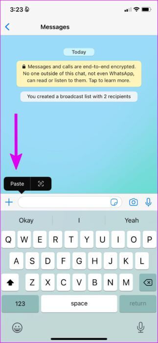 paste-text-in-broadcast-list-473x1024-1-323x700 لماذا لا يمكنني إعادة توجيه الرسائل على WhatsApp