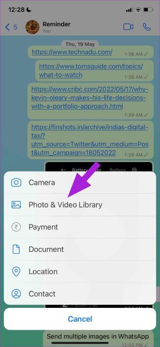 select-photos-and-video-library-323x700 كيفية إرسال صور متعددة على WhatsApp لأجهزة iPhone و Android