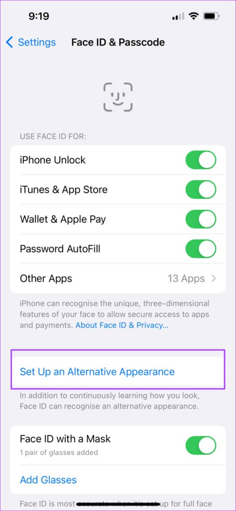 setup-alternative-appearance-settings-iphone-474x1024-1-474x1024 أفضل 8 طرق لإصلاح عدم عمل معرف الوجه في Notes على iPhone