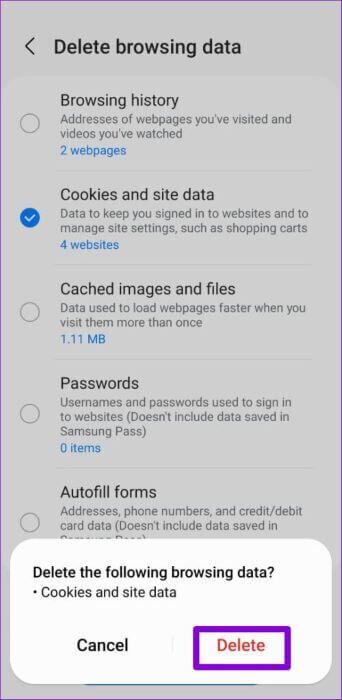 Delete-Browsing-Data-in-Samsung-Internet-500x1024-1-342x700 أفضل 6 طرق لإصلاح استمرار متصفح الإنترنت من Samsung في الفتح تلقائيًا