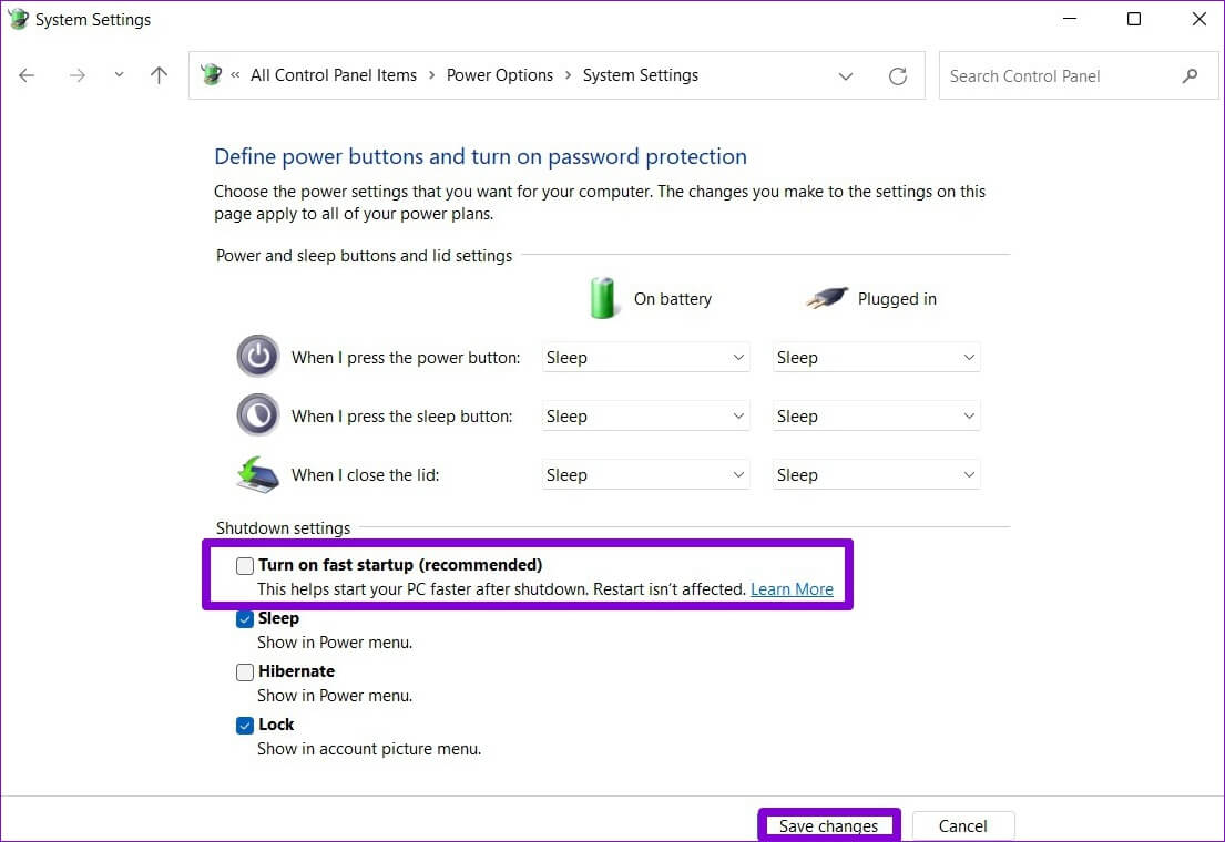 Disable-Fast-Startup-2-1105x760 أفضل 6 طرق لإصلاح عدم عمل وضع السكون على Windows 11