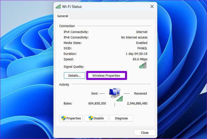 Open Wireless Properties on Windows 836x560 - كيفية التبديل إلى أقوى شبكة Wi-Fi تلقائيًا في Windows 10 و Windows 11