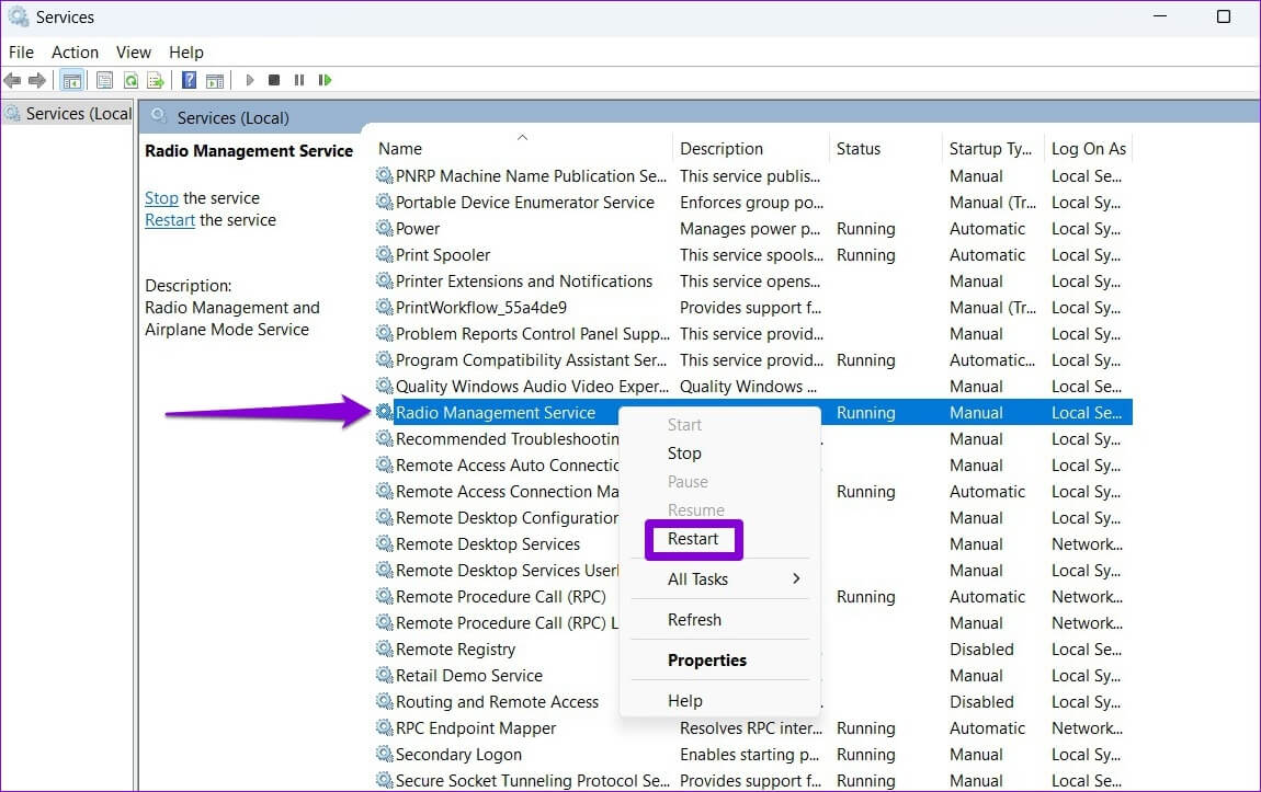 Restart-Radio-Management-Service-1150x723 أفضل 7 طرق لإصلاح وضع الطائرة باللون الرمادي على Windows 10 و Windows 11
