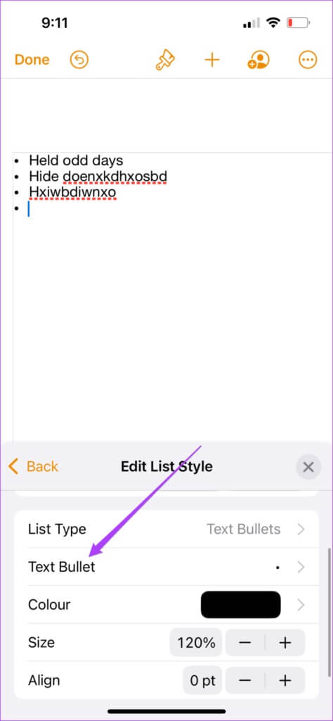 change-text-bullet-list-style-pages-app-iphone-474x1024-1-474x1024 كيفية إدراج وتخصيص القوائم في صفحات Apple