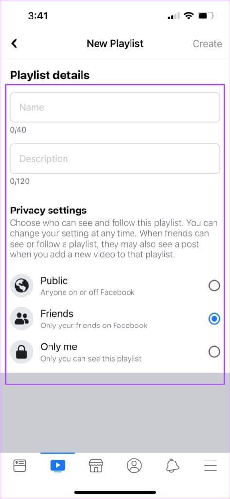 enter-playlist-details-facebook-iphone-474x1024-1-474x1024 كيفية إنشاء قائمة تشغيل فيديو في Facebook