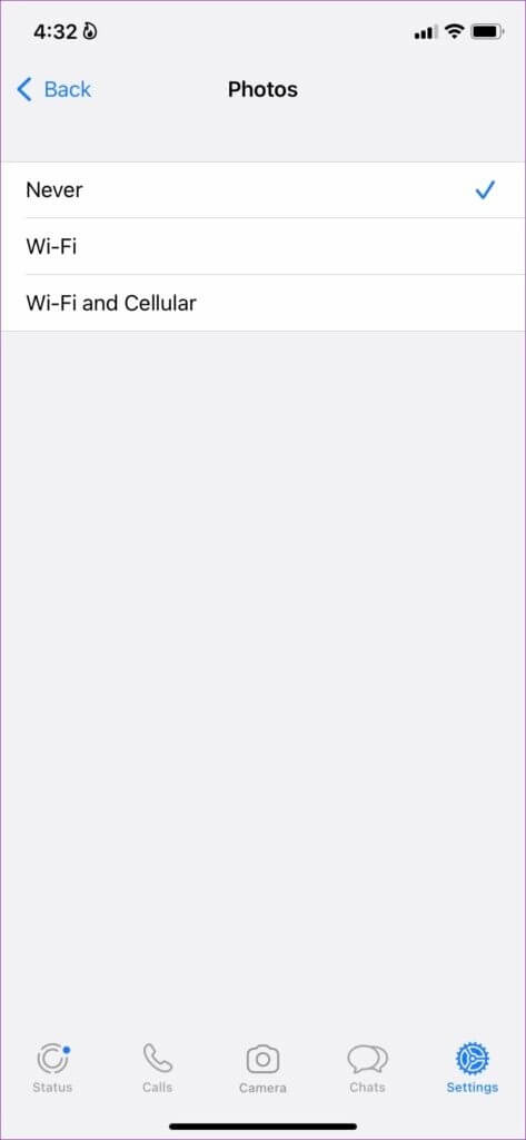 select-never-on-iPhone-473x1024-1-473x1024 كيفية إيقاف التحميل التلقائي للصور في مجموعات WhatsApp