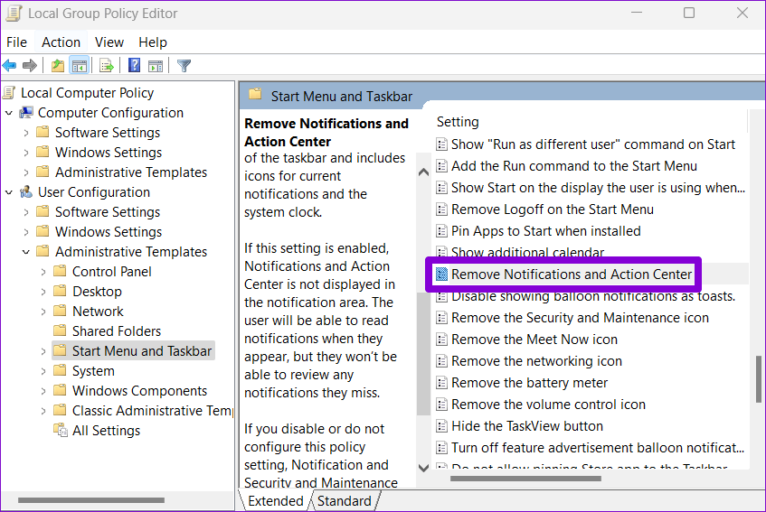 Action-Center-Settings-in-Group-Policy أفضل 7 طرق لإصلاح عدم فتح مركز العمل على Windows 11