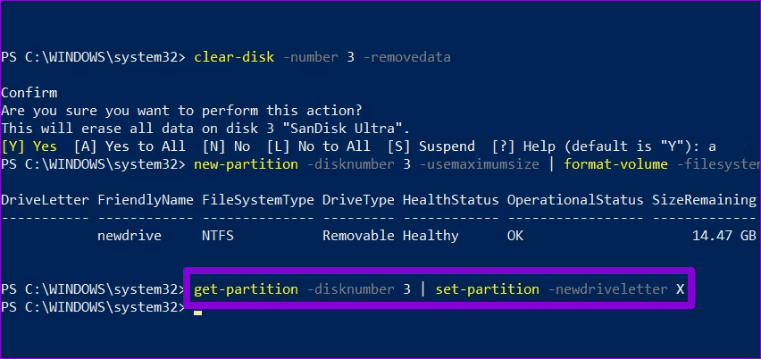 Assign-Drive-Letter-PowerShell تهيئة وفورمات القرص الثابت hdd و ssd على Windows 11