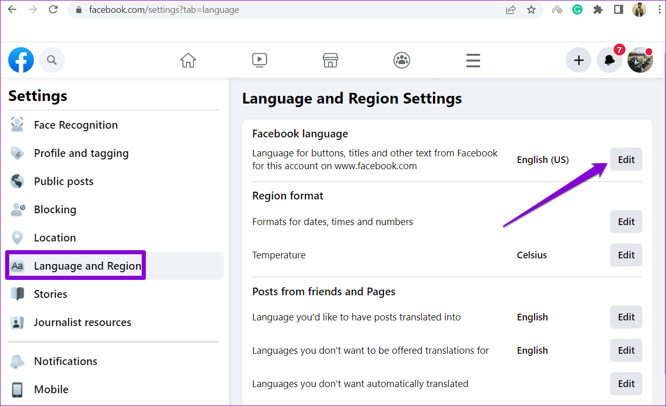 Change-Facebook-Language أفضل 6 طرق حل مشكلة عدم ظهور Facebook Marketplace