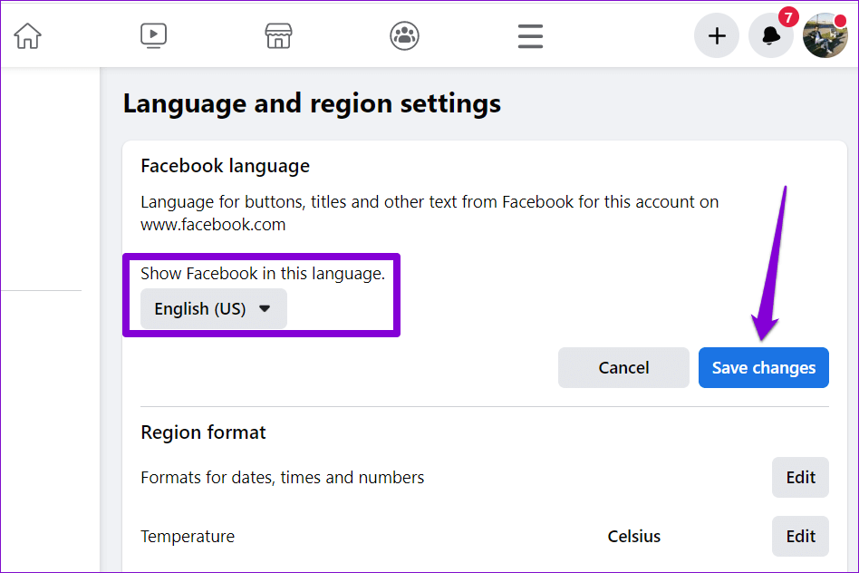 Change-Language-in-Facebook أفضل 6 طرق حل مشكلة عدم ظهور Facebook Marketplace