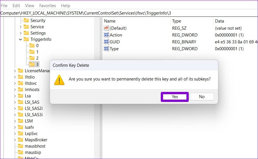 Confirm-Delete-Registry-Key-905x557 طرق إصلاح خدمات الموقع Greyed Out على Windows 11