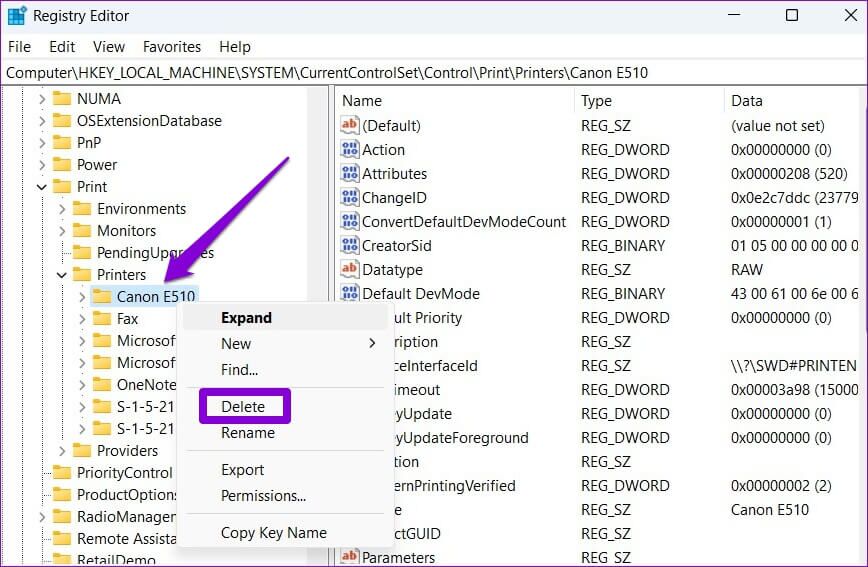 Delete-Printer-Registry-Keys-868x567 طرق إصلاح تعذر إزالة الطابعة في Windows 11