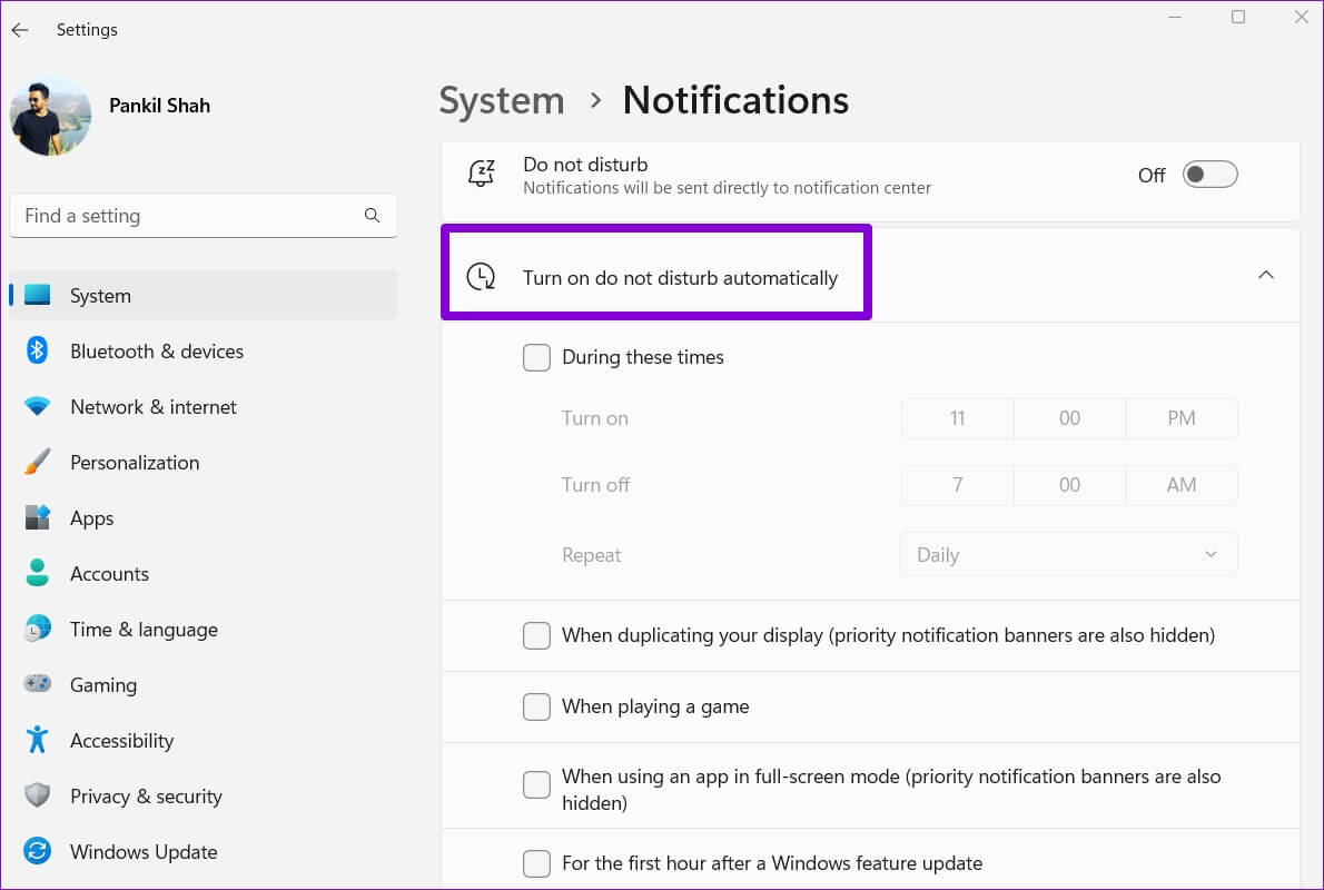 Disable-Automatic-Do-Not-Disturb-on-Windows-11-1190x800 طرق إصلاح عدم عمل إشعارات Google Chrome على Windows 11