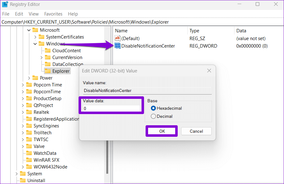 Edit-DWORD-Value أفضل 7 طرق لإصلاح عدم فتح مركز العمل على Windows 11