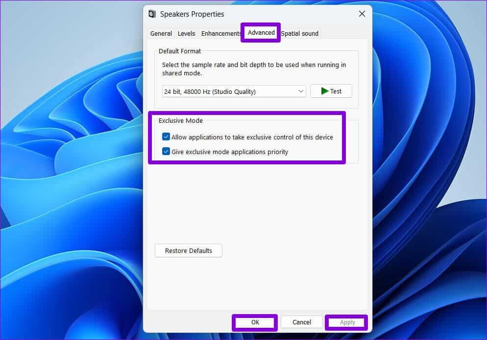 Enable-Exclusive-Mode-1-994x695 أفضل 7 طرق إعداد Dolby Atmos أو الصوت المحيطي على Windows 11