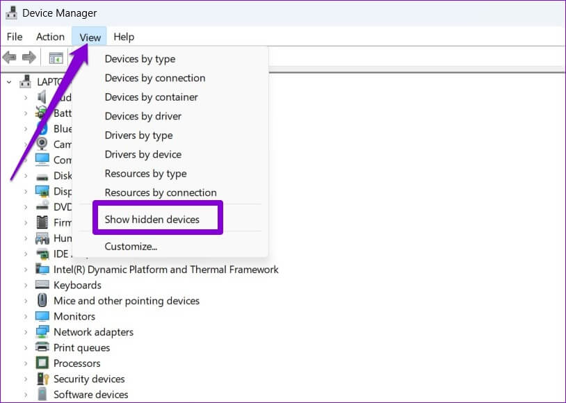 Hidden-Devices-in-Device-Manager-1-814x580 طرق إصلاح تعذر إزالة الطابعة في Windows 11