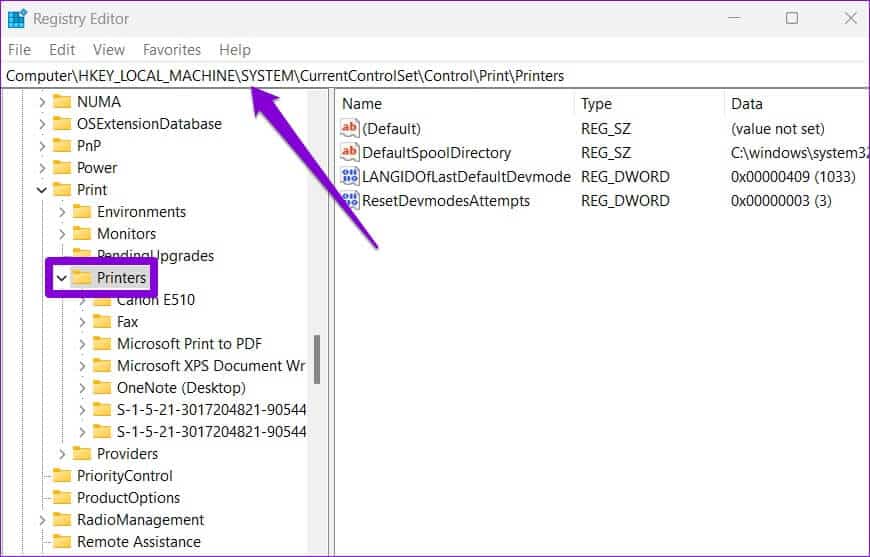Printers-on-Registry-Editor-870x557 طرق إصلاح تعذر إزالة الطابعة في Windows 11