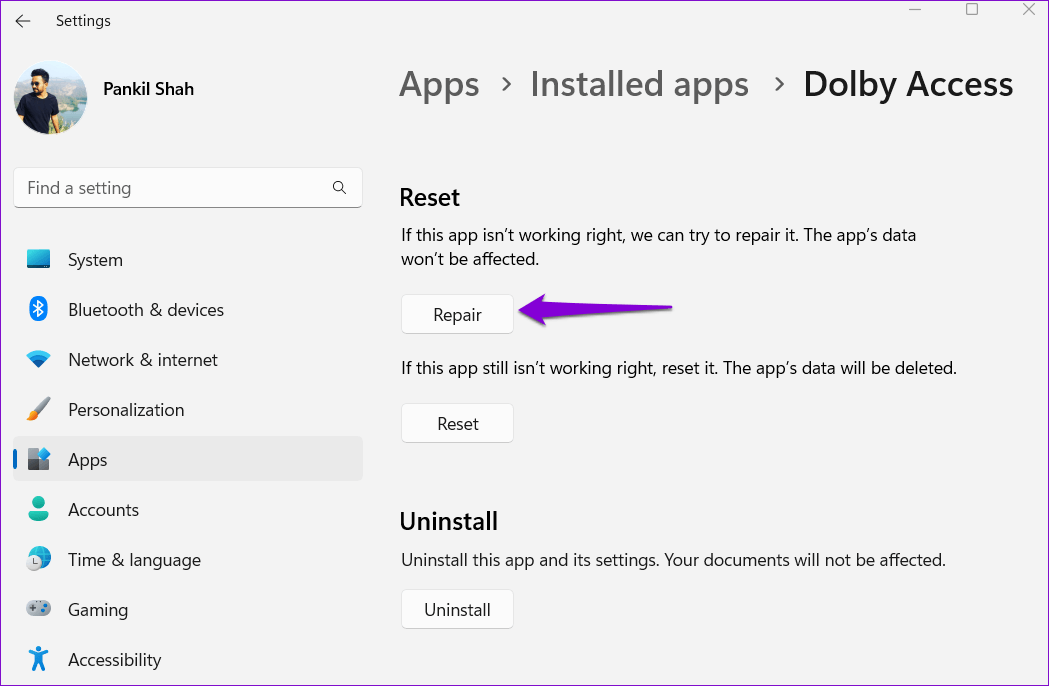 Repair-Dolby-Access-App أفضل 7 طرق إعداد Dolby Atmos أو الصوت المحيطي على Windows 11
