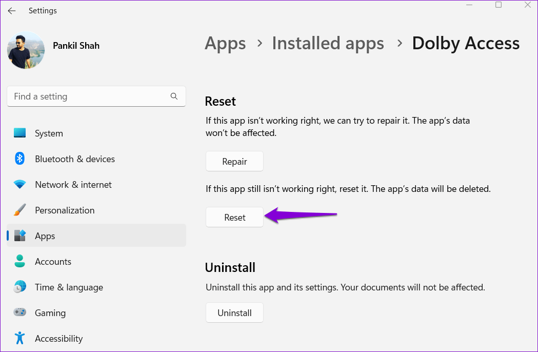 Reset-Dolby-Access-App أفضل 7 طرق إعداد Dolby Atmos أو الصوت المحيطي على Windows 11