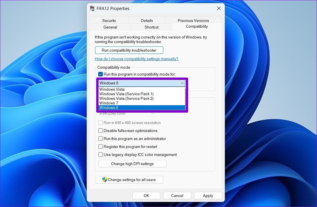 Select-Compatibility-Mode-1107x726 أفضل 3 طرق لجعل البرامج القديمة متوافقة على Windows 11
