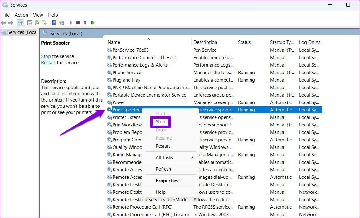 Stop-Print-Spooler-on-Windows-1-1154x700 طرق إصلاح تعذر إزالة الطابعة في Windows 11