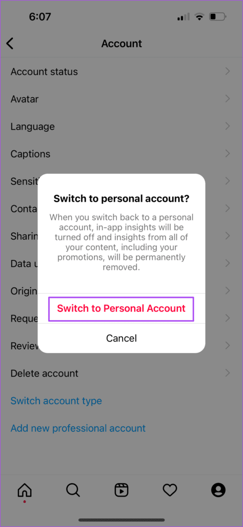 how-to-switch-to-personal-account-on-instagram-in-iphone-474x1024-1 أفضل 7 إصلاحات لعدم عمل البحث عن الموسيقى في Instagram على iPhone