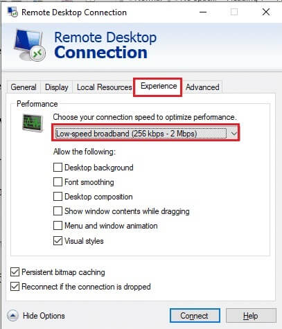 move-to-the-experience-tab-and-select-the-low-spee-407x475 إصلاح أخطاء برنامج الاتصال بسطح المكتب البعيد
