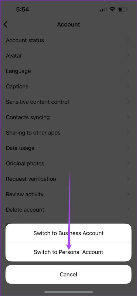 switch-to-personal-account-instagram-settings-iphone-474x1024-1 أفضل 7 إصلاحات لعدم عمل البحث عن الموسيقى في Instagram على iPhone