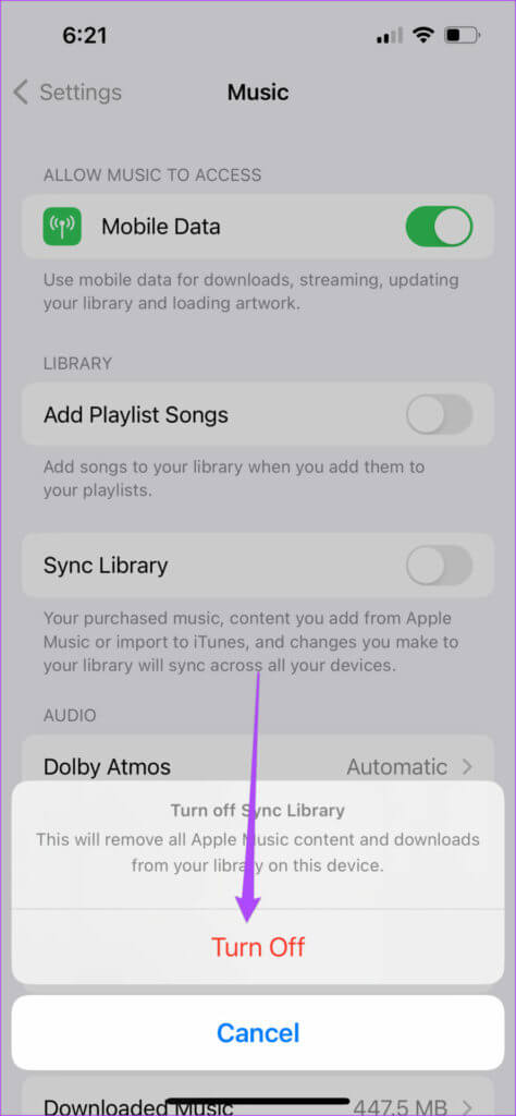 turn-off-sync-library-music-settings-iphone-474x1024-2-474x1024 أفضل 7 إصلاحات لعدم ظهور غلاف العمل الفني لألبوم Apple Music لا يظهر على iPhone