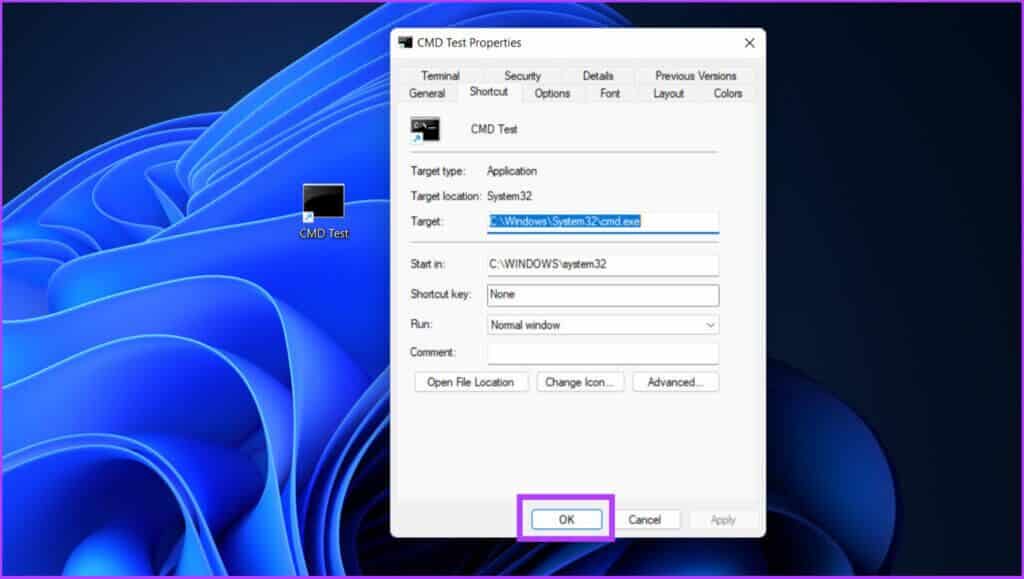 CMD-Shortcut-File-Advanced-Apply-Ok-e1660831629106-1024x579 7 طرق لفتح موجه الأوامر في Windows 11 و 10 والإصدارات الأقدم