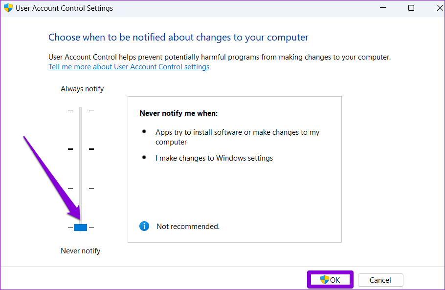 Disable-UAC-From-Control-Panel أفضل 3 طرق لتعطيل التحكم في حساب المستخدم على Windows 11