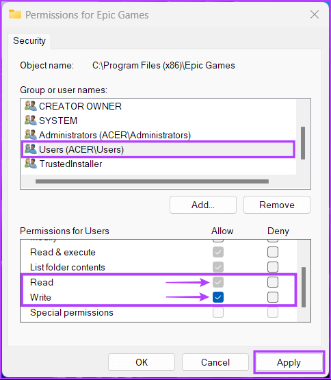 Epic-Games-folder-permissions-3 أفضل 4 إصلاحات لخطأ فشل تثبيت المتطلبات الأساسية الضرورية في Epic Games Launcher