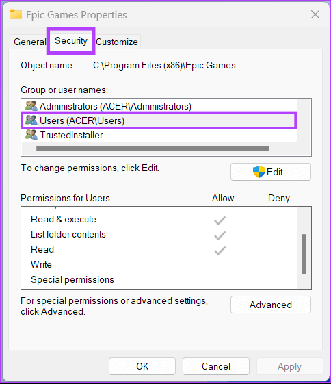 Epic-Games-folder-permissions-4 أفضل 4 إصلاحات لخطأ فشل تثبيت المتطلبات الأساسية الضرورية في Epic Games Launcher