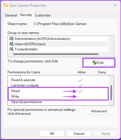 Epic-Games-folder-permissions-5 أفضل 4 إصلاحات لخطأ فشل تثبيت المتطلبات الأساسية الضرورية في Epic Games Launcher