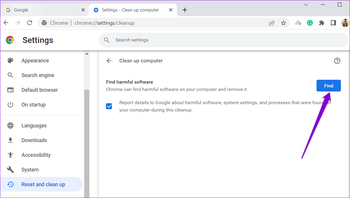 Find-Harmful-Software-With-Chrome أفضل 6 طرق لاستعادة و إظهار شريط أدوات Google Chrome المفقود