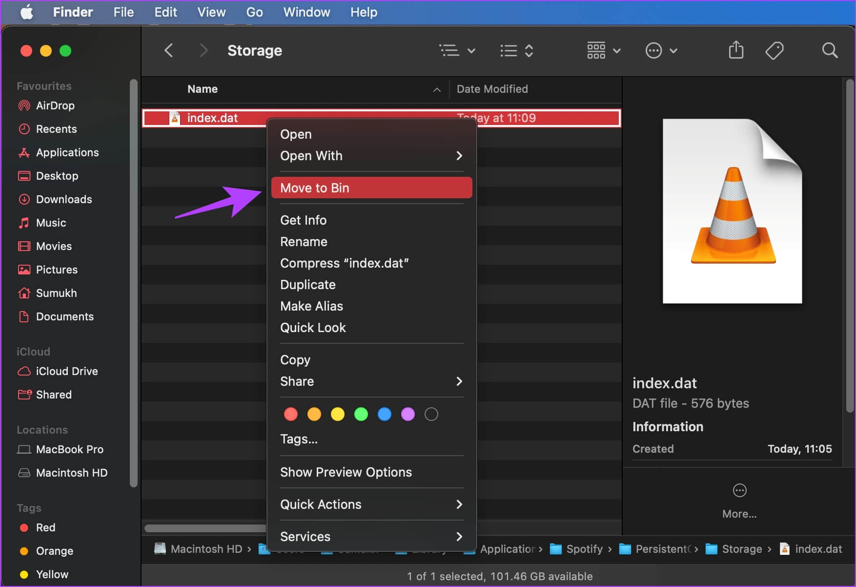 Move-to-Bin-Mac-1754x1202 لماذا يشغل Spotify مساحة تخزين كبيرة وكيفية إصلاح ذلك