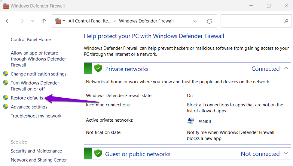 Restore-Windows-Firewall-Settings-1 أهم 6 طرق لإصلاح خطأ برنامج تشغيل الطابعة غير متوفر في Windows 11