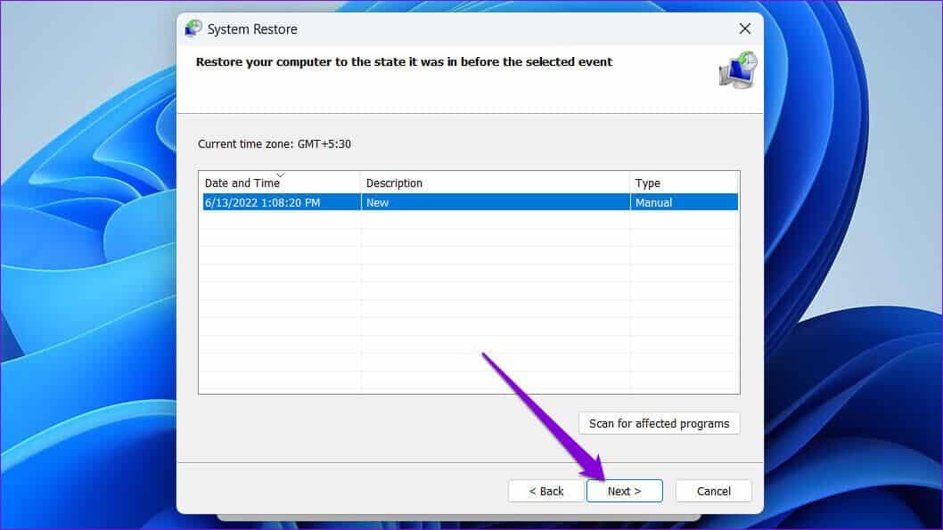 Select-Restore-Point-9-1058x595 أفضل 6 طرق لإصلاح خطأ لا يمكنها العثور على برنامج تشغيل محول الشبكة على Windows
