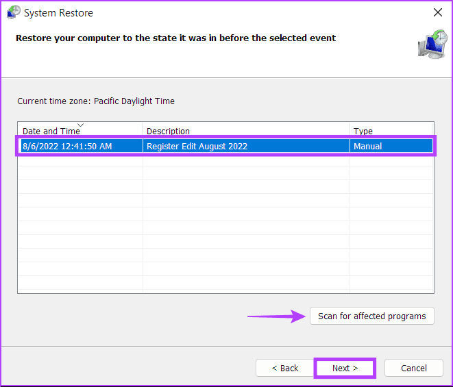 Select_a_Restore_Point دليل كامل لاستخدام استعادة النظام في Windows 11