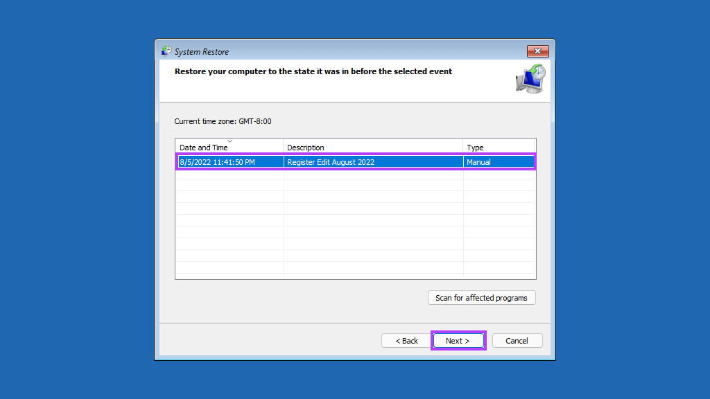 Selecting_Restore_Point دليل كامل لاستخدام استعادة النظام في Windows 11