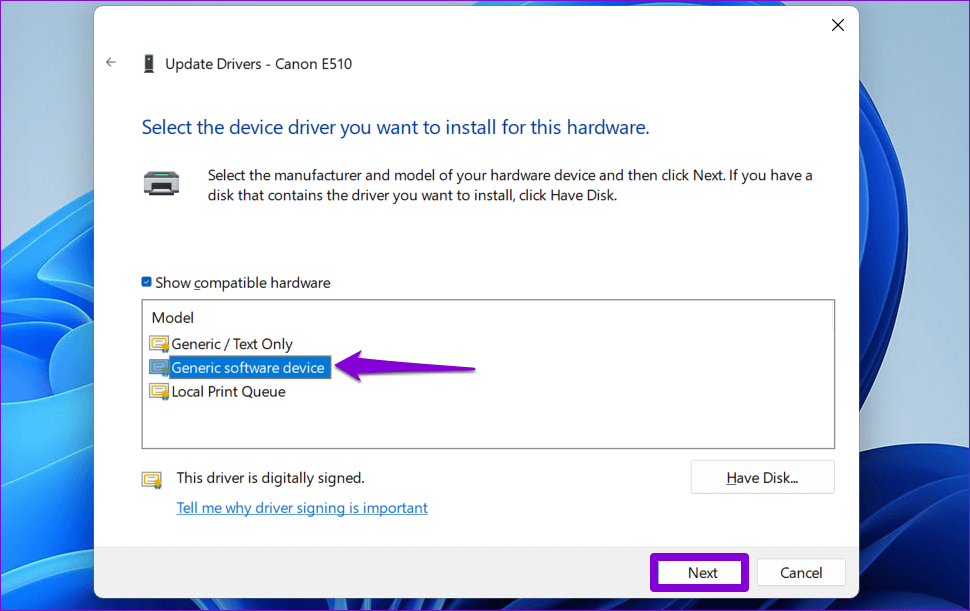 Switch-to-Generic-Printer-Driver-on-Windows أهم 6 طرق لإصلاح خطأ برنامج تشغيل الطابعة غير متوفر في Windows 11