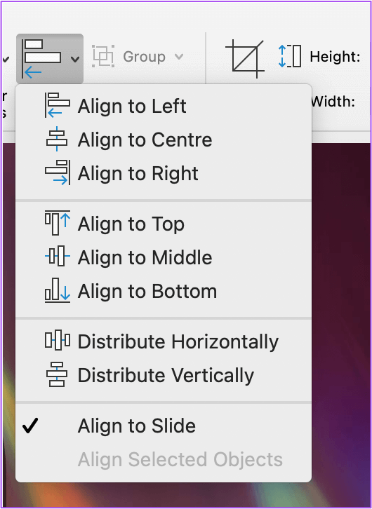 align-options-for-live-camera-feed-powerpoint-mac-1 كيفية إدراج Live Camera Feed في Microsoft PowerPoint على Mac