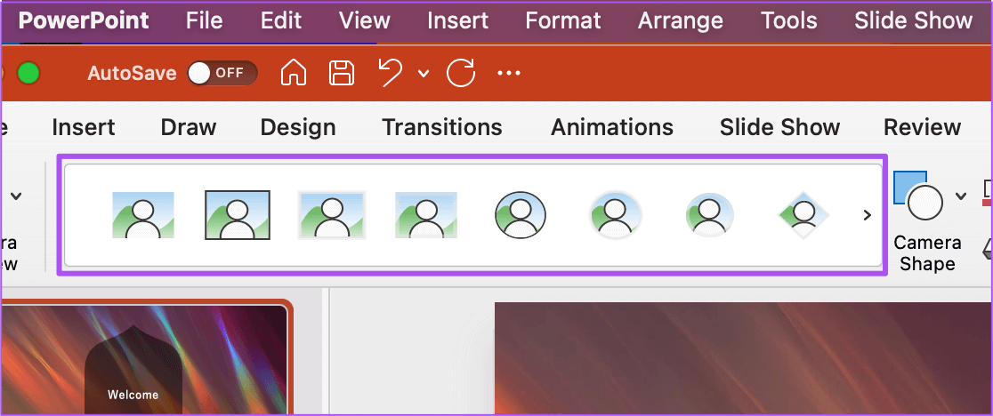 change-live-camera-feed-frame-shape-powerpoint-mac كيفية إدراج Live Camera Feed في Microsoft PowerPoint على Mac